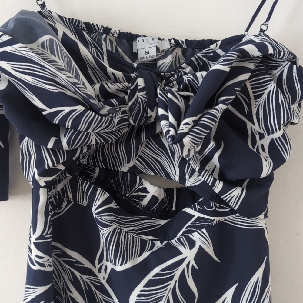Favlux Cotton Navy White Tropical Leaf Print Cropped Mini Sun Dress Sz Medium - Picture 3 of 9